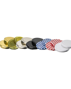 63mm standard twist off lids perfect for preserving jams and chutney. Available in gold, gold honeycomb, silver, black, white, red and white and blue and white gingham.  