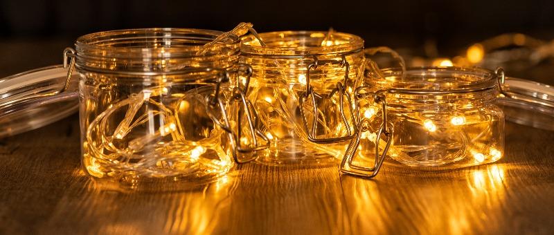 glass mason jars with fairy lights
