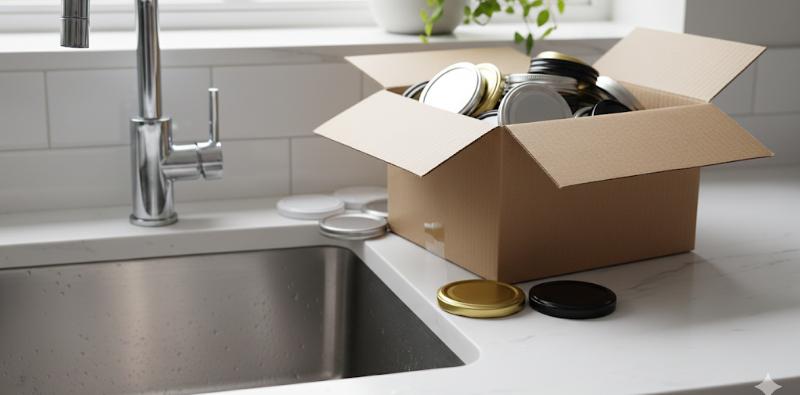 new twist off lids in a box by a kitchen sink