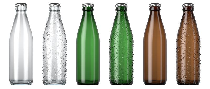 A series of clear amber and green glass beer bottles nwith droplets of condensation on an isolated white studio background - 3D render