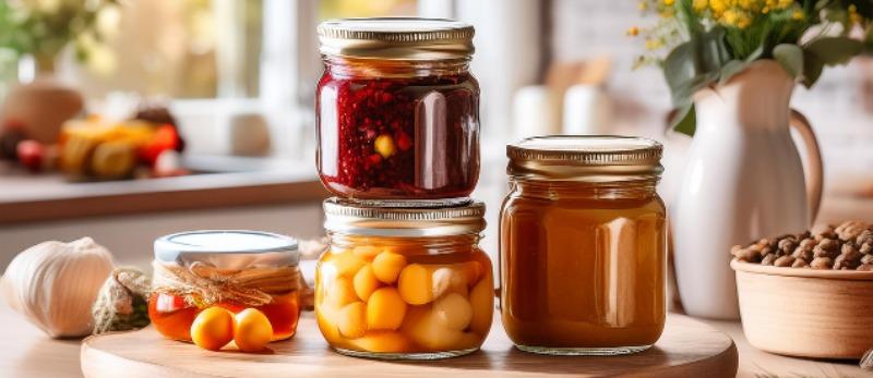 four familia wiss terrine jars filled with preserves on a kiychen table