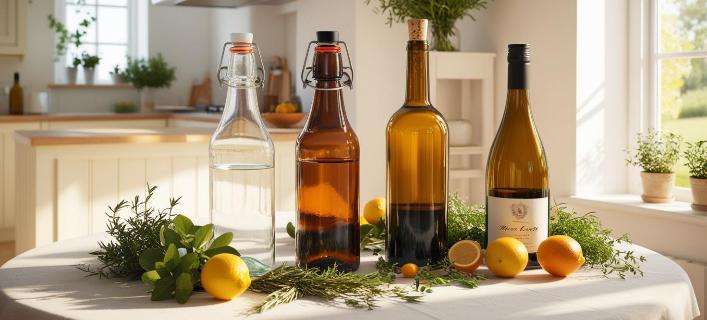 four glass bottles with various drinks on a kitchen table decorated with herbs and fruit