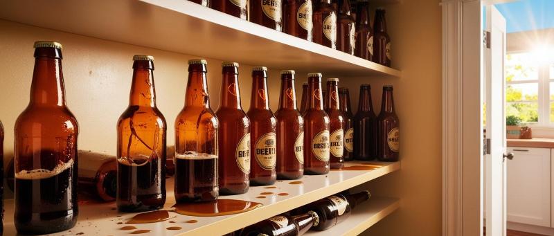 beer bottles fuul of homebrew in a pantry with one bottle having exploded and leaked due to mistakes in the bottling process