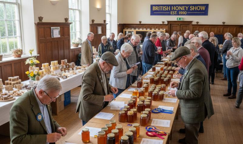 Judges in a town hall judging honey show competition
