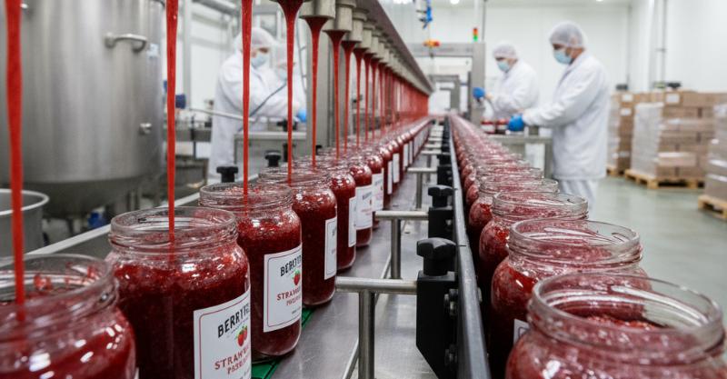 a hot-fil line with glass jars being filled with jam