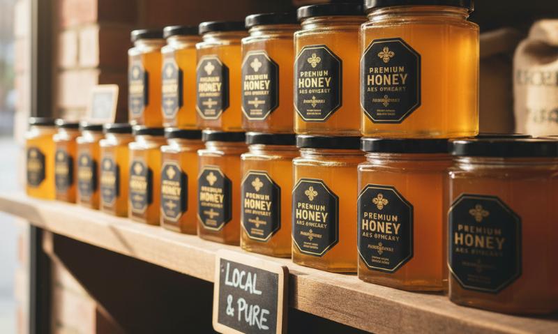 hex jars of premium honey on a shop shelf