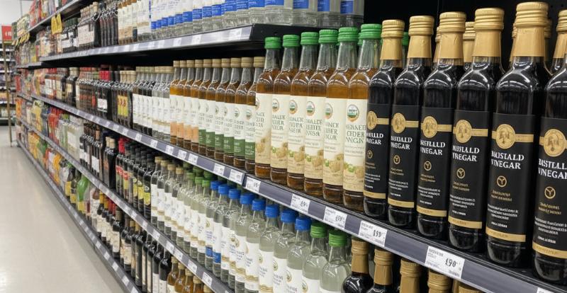 a row of slim vinegar bottles on a supermarket shelf